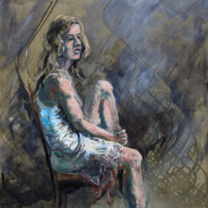 Sitting girl in white dress. 760 x 920 mm. Acrylic paint on box canvas.  Artist: Ocky. (OA0016)