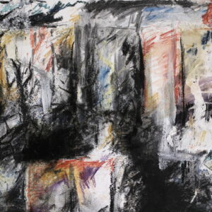Outside: View through windows. Mixed media on paper. Framed. 340 x 260 mm. Artist: Ocky (OA0019)