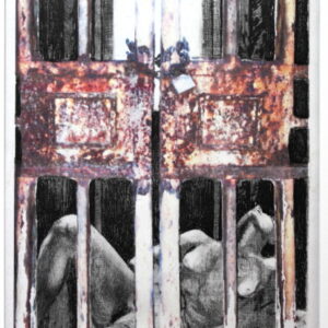 Portals 4: Captive. Dry point etching and frottage on recycled paper. 450 x 300 mm. Framed. Artist: Ocky. (OA0023)