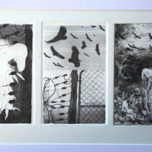 Free 5: The struggle. Hard ground and drypoint etching, embossing on recycled paper. 200 x 400 mm. R1235. Framed. Artist: Ocky (OA0025)