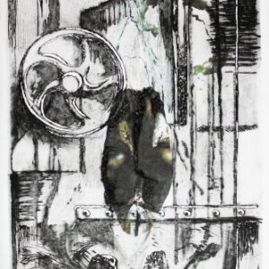 Portals 7: Closed door. Wood cut and dry point with frottage on recycled paper. 300 x 440 mm. Framed. Artist: Ocky (OA0024)