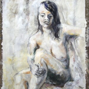 Sitting nude:  Mixed media on canvas pad. 380 x 560 mm. R2470.   Framed.  Artist:  Ocky (OA0033)